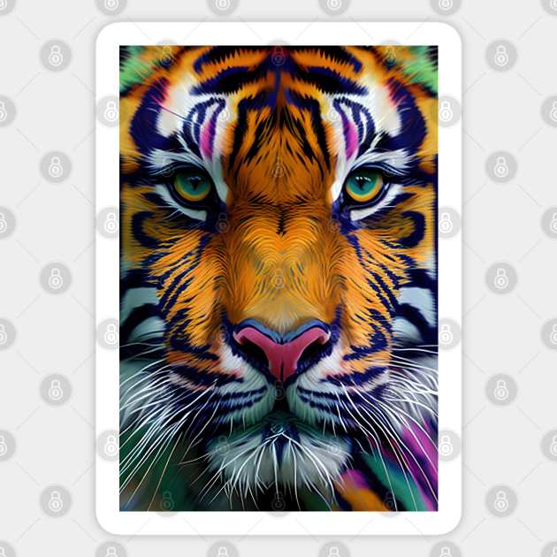 Pop Art Tiger Face In Vibrant Colors - A Unique and Playful Art Print For Animal Lovers Sticker by Whimsical Animals